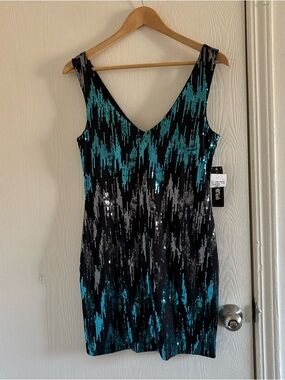 As U Wish NWT Women’s Medium Sequin Bodycon Dress Black Teal Silver Sleeveless